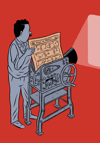 (Ilustración) Hombre operando una antigua máquina de proyección cinematográfica.