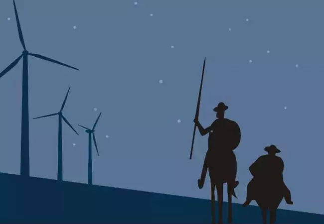 Siluetas de Don Quijote y Sancho Panza junto a aerogeneradores en una imagen sobre ciencia y literatura