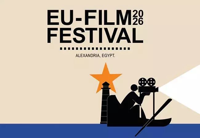 Cartel del EU-Film Festival 2026 en Alejandría, con la silueta de una cámara de cine sobre una embarcación